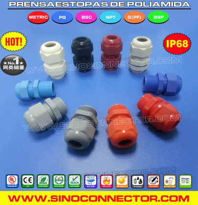 Prensaestopas / Prensacables en poliamida (plástico / nylon) con las roscas NPT, PG y Métrica