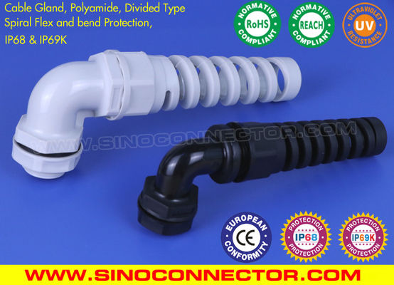 China 90° Elbow (Right Angle) IP68 Cable Glands with Spiral Flex &amp; Bend Protection supplier
