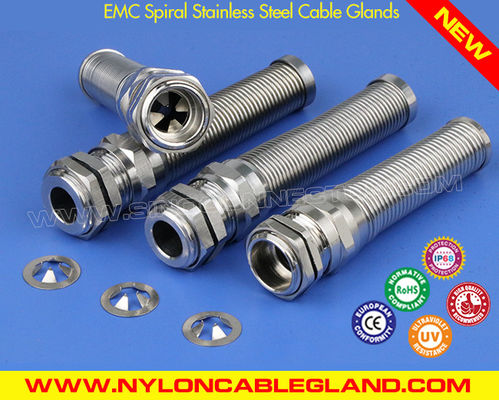 China EMC Spiral Stainless Steel Cable Glands IP68 with Standard &amp; Elongated PG Thread supplier