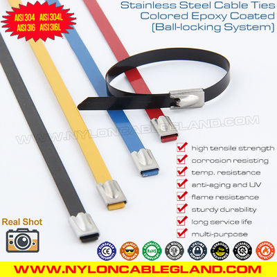 China Ball-lock Type Polyester Coated Colored 304, 316 Stainless Steel Self-locking Cable Ties Versatile Metal Zip Ties supplier