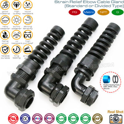 PG & Metric Thread Plastic Elbow Cable Glands, IP68 Right Angle Nylon Cable Glands with Spiral Flexible Protector
