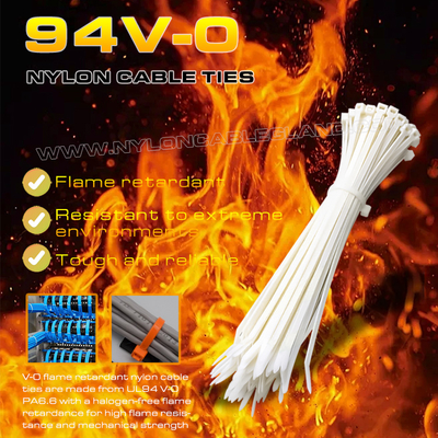 94V-0 Nylon 6.6 Cable Tie 150x3.6mm, Ø3~35mm Adjustable Flame Retardant Polyamide Zip Tie for Flame Resistant Applications