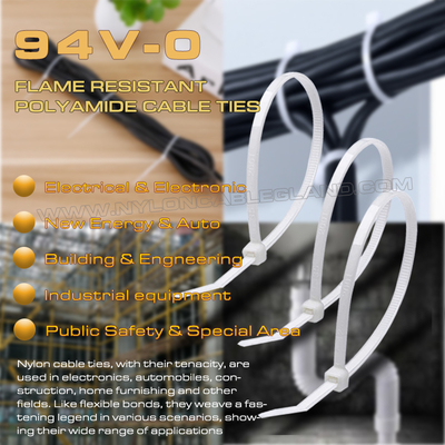 94V-0 Nylon 6.6 Cable Tie 150x3.6mm, Ø3~35mm Adjustable Flame Retardant Polyamide Zip Tie for Flame Resistant Applications