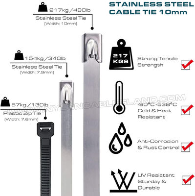 Premium 316L/316/304 Stainless Steel Cable Ties 300~1000mm Length x 10mm Width (480 lbs) for Indoor or Outdoor