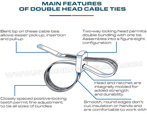 Double-head Cable Tie 300x4.8mm, Double-loop Design, Nylon (PA) 6.6, 50 lbs, Versatile Use