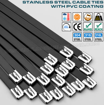 PVC Coated Metal (Stainless Steel) Cable Ties, Version 316L, 316 or 304, L: 200~1100mm x W: 16mm, 200 Lbs, Outdoor Use