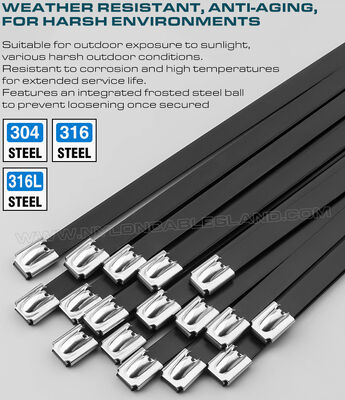 PVC-Coated Metal Cable Ties, 304/316/316L Stainless Steel, 200mm-1100mm Lengths, 16mm Width, 200 lbs, Outdoor Use