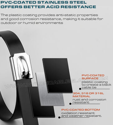 PVC-Coated Metal Cable Ties, 304/316/316L Stainless Steel, 200mm-1100mm Lengths, 16mm Width, 200 lbs, Outdoor Use