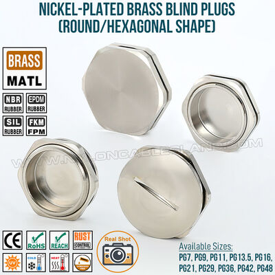 Nickel-Plated Brass Metal Blind Plug IP68 c/w Locknut & O-ring, Hex or Round, PG7-PG48, for Sealing Control Boxes