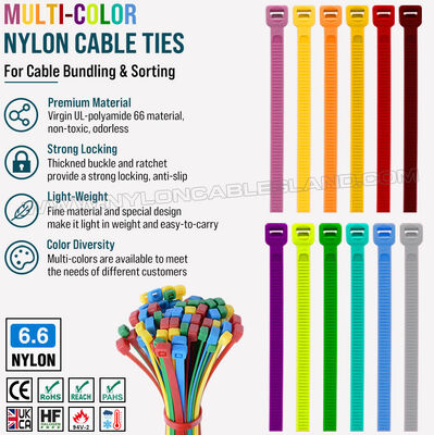 Colored Cable Tie 200mm x 4.8, 3~50mm Adjustable Nylon 66 Multicolor Zip Tie (222N / 50LBS) for Cable Visual Management
