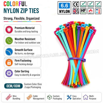 Colored Cable Tie 200mm x 4.8, 3~50mm Adjustable Nylon 66 Multicolor Zip Tie (222N / 50LBS) for Cable Visual Management