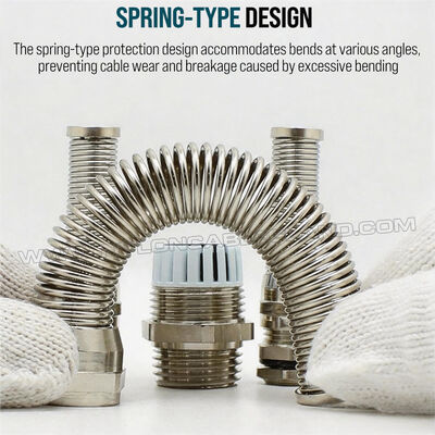 Spiral Nickel-Plated Brass Cable Gland with Strain Relief, PG13.5 (Ø: 6-12 mm), IP68, DIN 40430/EN 62444, for Cable Bend Protection