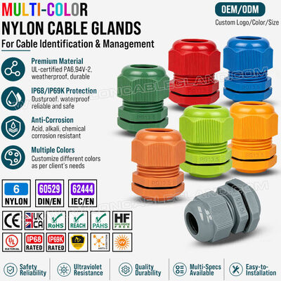 Colored Cable Glands, Nylon 6 (Polyamide 6, PA6), PG13.5 (6-12mm & 5-9mm), IP68/IP69K, for Visual Identification & Cable organization