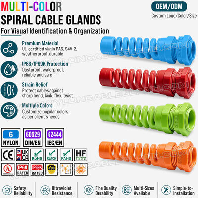Colored Strain Relief Cable Gland Nylon 6 (Polyamide 6/PA6), PG13.5 (Ø 6-12mm & 5-9mm), IP68 & IP69K, for Cable Identification & Organization