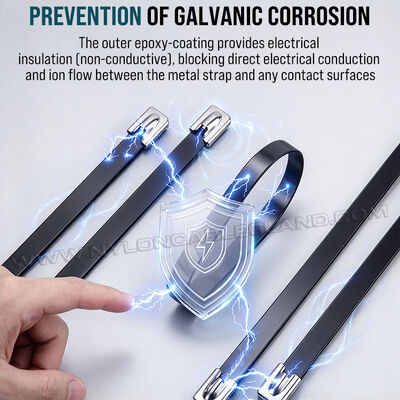 Black Epoxy-Coated Metal Cable Ties, Ball-Lock Type, 316L/316/304 Stainless Steel, Width 7.9mm x Length 150-1000mm, for Corrosive Environments