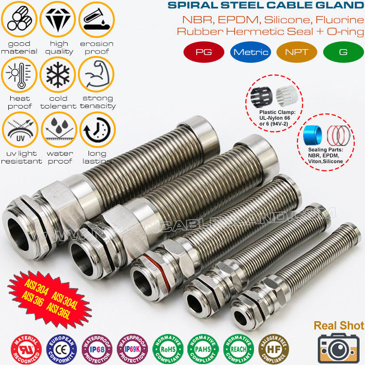 Hermetic IP68 Stainless Steel Metric Cable Glands Type 304/316/316L M12~M50 with Anti-kink and Bend Protection