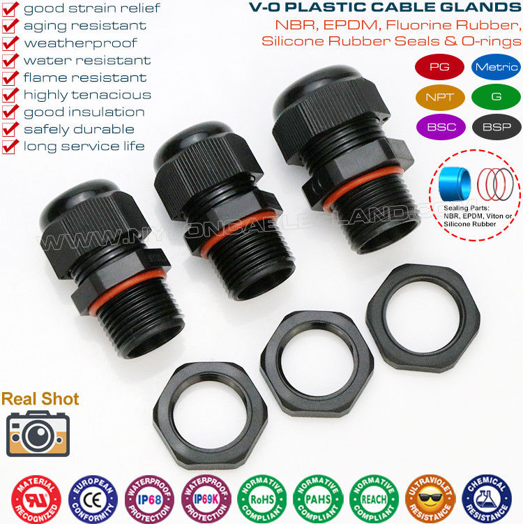 Polyamide Nylon Black Flameproof Cable Glands IP68 (UL94V-0) PG7~PG48 / M10~M75 with PG & Metric Threads