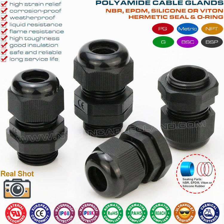 Nylon IP68 Submersible Cable Glands, Plastic Adjustable Cord Grips Waterproof Connectors with BSC & BSP Threads