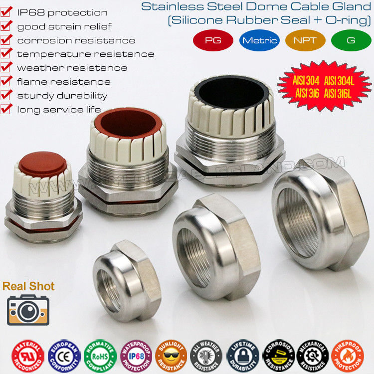 IP68 Hermetic Cable Glands Sealing Connectors Stainless Steel AISI 304 & AISI 316 with PG or Metric Thread