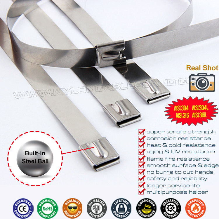 7.9mm Width Self-locking Metal Cable Ties, 100-1000mm Length Ball-locking Tie Straps Stainless Steel 304/316/316L