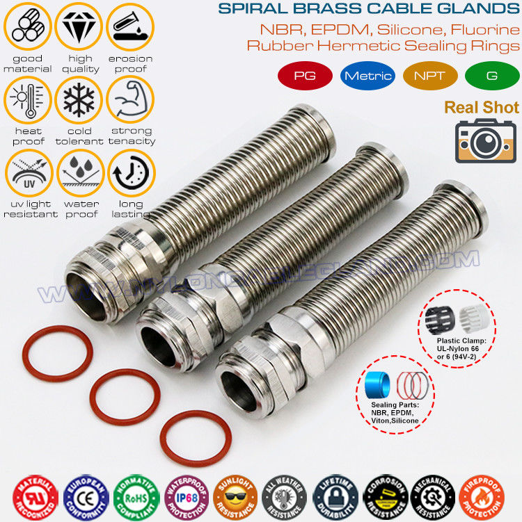 PG & Metric IP68 Unarmoured Cable Glands Nickel-plated Brass UV Resistant with Bend Protection