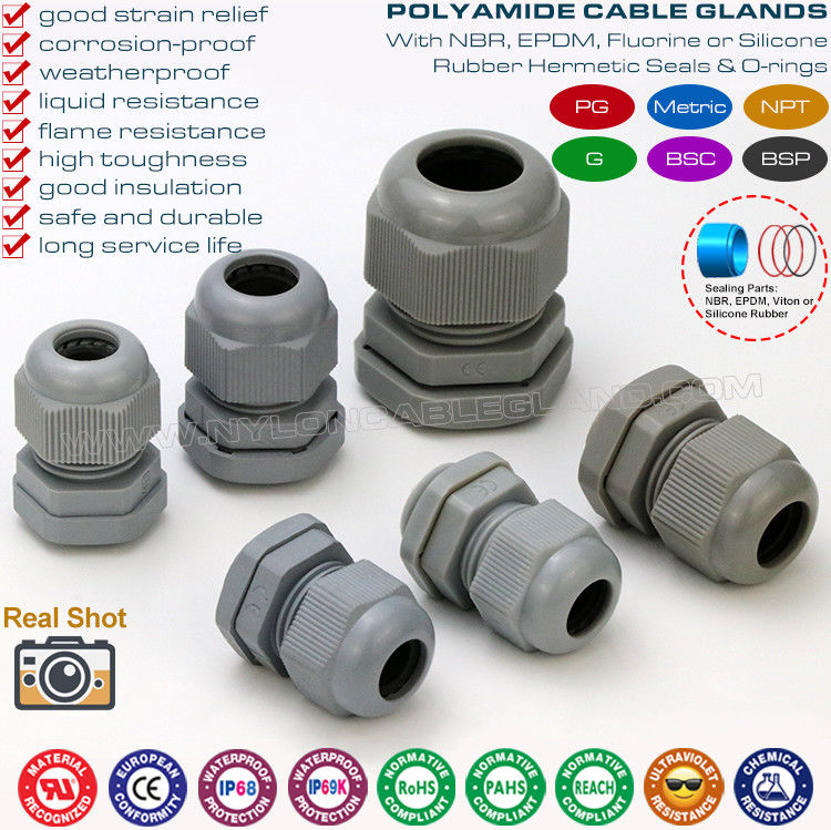 IP68 Watertight PG & Metric Gray Straight Cable Glands Polyamide 6 (Nylon 6 or Polymer 6) for Junction Box