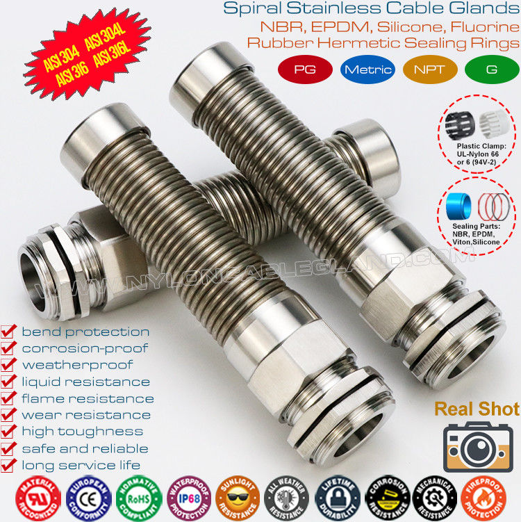 SS304 / SS316 Stainless Steel Metallic PG Cable Glands IP68 with Spiral Protecting Spring