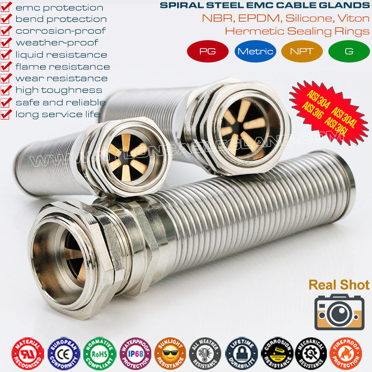 EMC Shielded Cable Glands Metric M12~M50 Stainless Steel Type 304, 316, 316L with Flexible Bend Protection