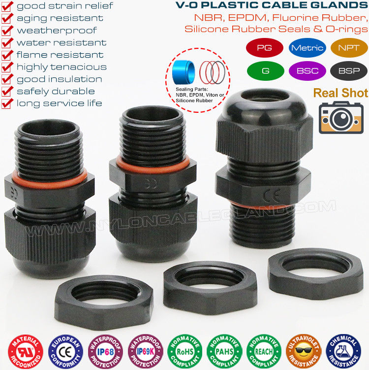 UV (Sunlight) Resistant Black Plastic IP68 Cable Gland M12~M75 with Elongated Metric Thread