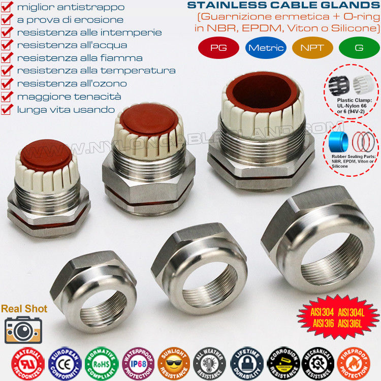 Waterproof IP68 Metric Cable Glands Hermetic Connectors Stainless Steel 304/316/316L with Silicone Rubber Seals