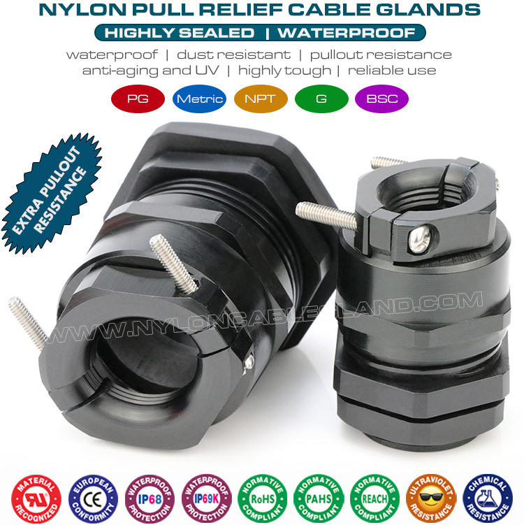 IP68 Watertight Polyamide Plastic Adjustable Black Cable Glands PG & Metric Type with Metal Strain Relief Clamp