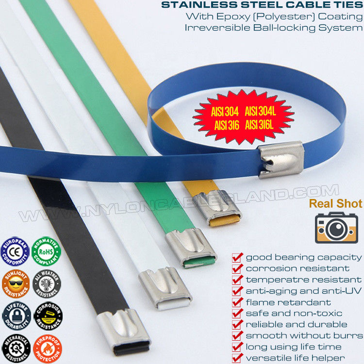 Ball-lock Polyester Coated Steel Cable Ties, 304, 316 Plastic Coated Stainless Self-locking Zip Ties Metallic Tie Straps