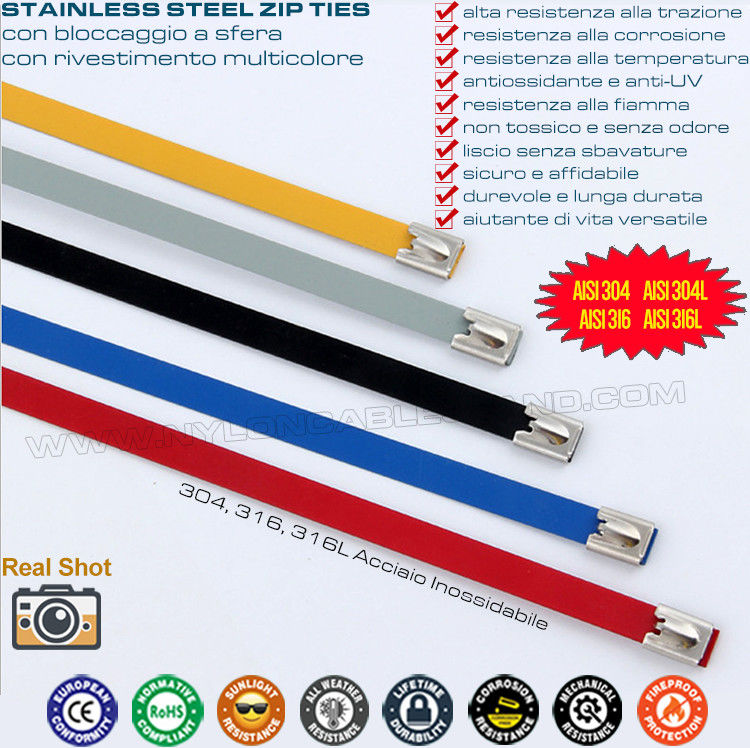 Epoxy Coated Metal Cable Ties, 316L, 316, 304 Polyester Coated Stainless Steel Ball-locking Cable Zip Ties for Outdoor