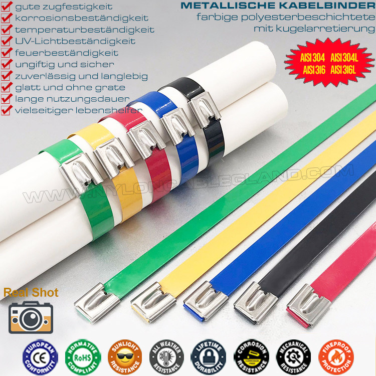 Colored Epoxy Coated 304 Stainless Steel Cable Tie 12x300mm, Polyester Coated 316 Stainless Metal Zip Tie Wrap 490 lbs for Pipes