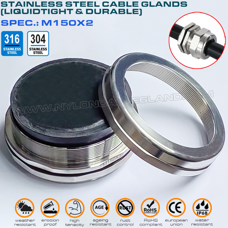 M150x2 Metric Cable Gland Stainless Steel 316, Cable Gland IP68 Stainless Steel 316L Waterproof Connector Inox 304 for 110-125mm Cables