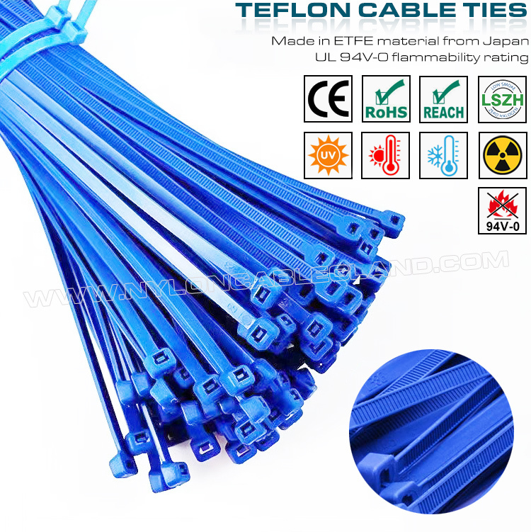 ETFE Blue Cable Tie 3.6x200mm, 94V-0 Teflon Cable Tie Temperature Resistant Zip Tie Strap for Harsh Environments
