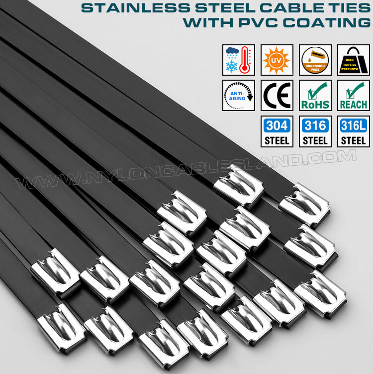 PVC-Coated Metal Cable Ties, 304/316/316L Stainless Steel, 200mm-1100mm Lengths, 16mm Width, 200 lbs, Outdoor Use