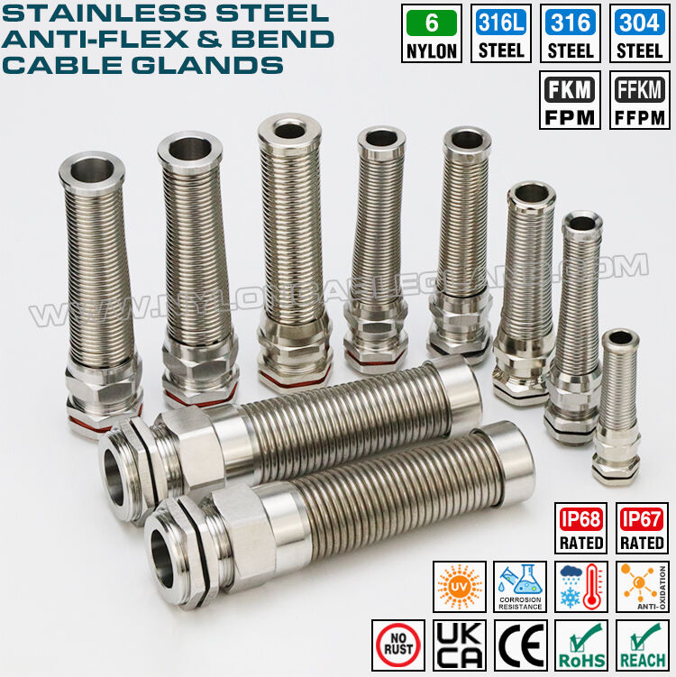 IP68 Stainless Steel Metal Cable Glands with Helical Flexible Pigtail M12x1.5-M50x1.5, Metric Pitch, 316L/316/304 Version