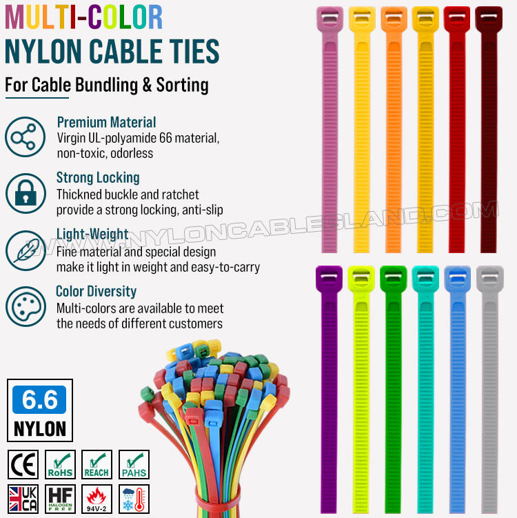 Colored Cable Tie 200mm x 4.8, 3~50mm Adjustable Nylon 66 Multicolor Zip Tie (222N / 50LBS) for Cable Visual Management