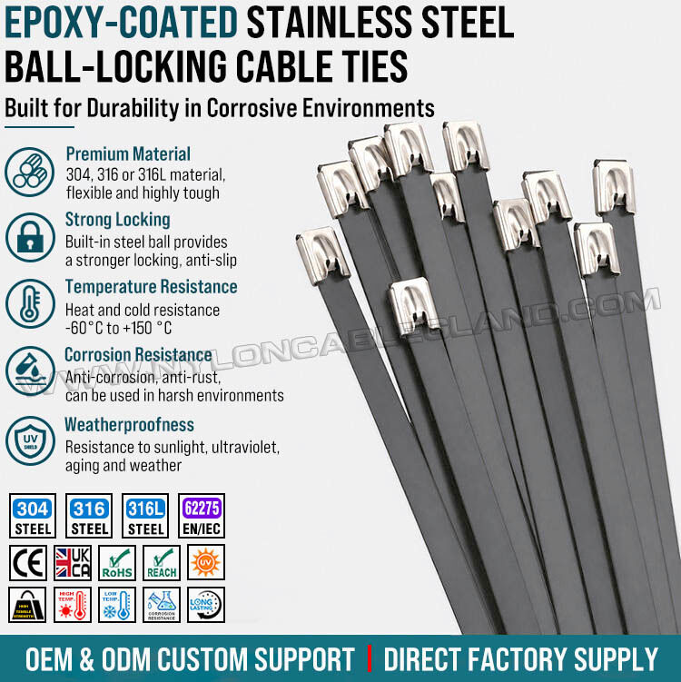 Black Epoxy-Coated Metal Cable Ties, Ball-Lock Type, 316L/316/304 Stainless Steel, Width 7.9mm x Length 150-1000mm, for Corrosive Environments