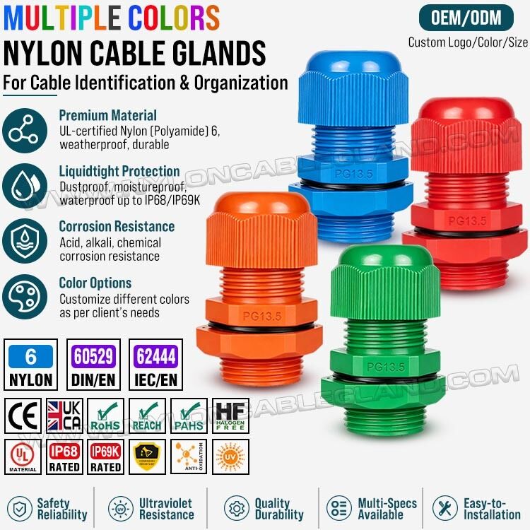 PG13.5 Long-Thread Colorful Plastic (Nylon) Stuffing Cable Compression Glands, IP68 / IP69K, for 6-12 mm or 5-9 mm Cables