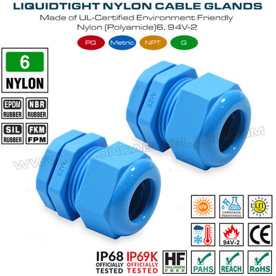 Waterproof Cord Connector M25x1.5 Plastic Cable Gland IP68, 13-18mm Range, Nylon (PA) 6, UL746C-f1 Rated, Outdoor Use