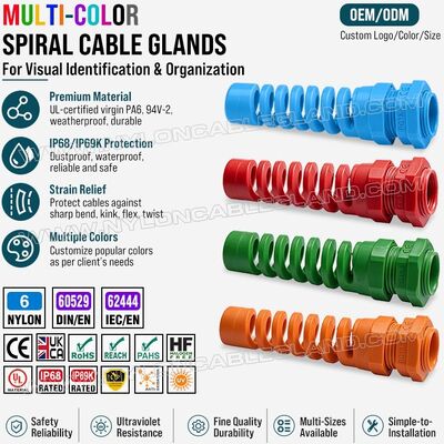 Colored Strain Relief Cable Gland Nylon 6 (Polyamide 6/PA6), PG13.5 (Ø 6-12mm & 5-9mm), IP68 & IP69K, for Cable Identification & Organization