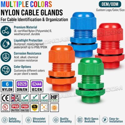 PG13.5 Long-Thread Colorful Plastic (Nylon) Stuffing Cable Compression Glands, IP68 / IP69K, for 6-12 mm or 5-9 mm Cables