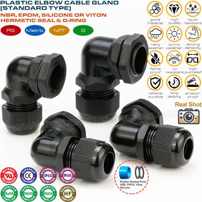 90° Elbow Hermetic Cable Glands, IP68 Waterproof Right Angled Electrical Cable Glands with PG & Metric Threads